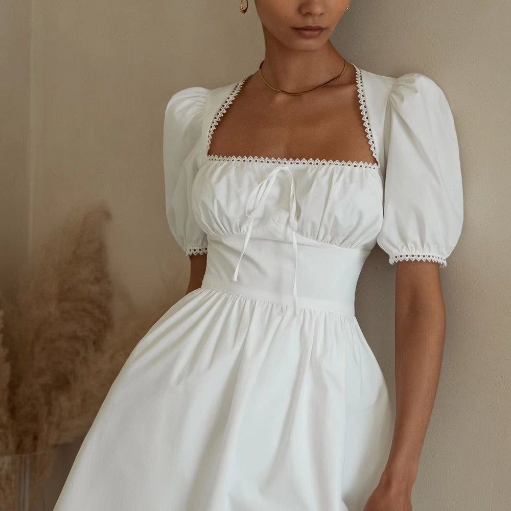Lace Trim Square Neck Bubble Sleeve Tie Front Cotton Mini Dress 4