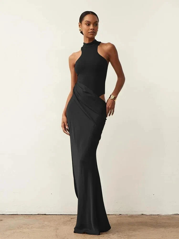 Satin Mock Neck Halter Bodycon Mini Dress Wrap Drape Cutout Maxi Dress 7
