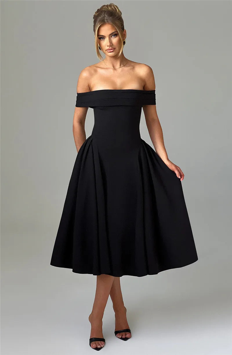 Off-Shoulder Folded Band Box Pleat Flare Midi Dress 12