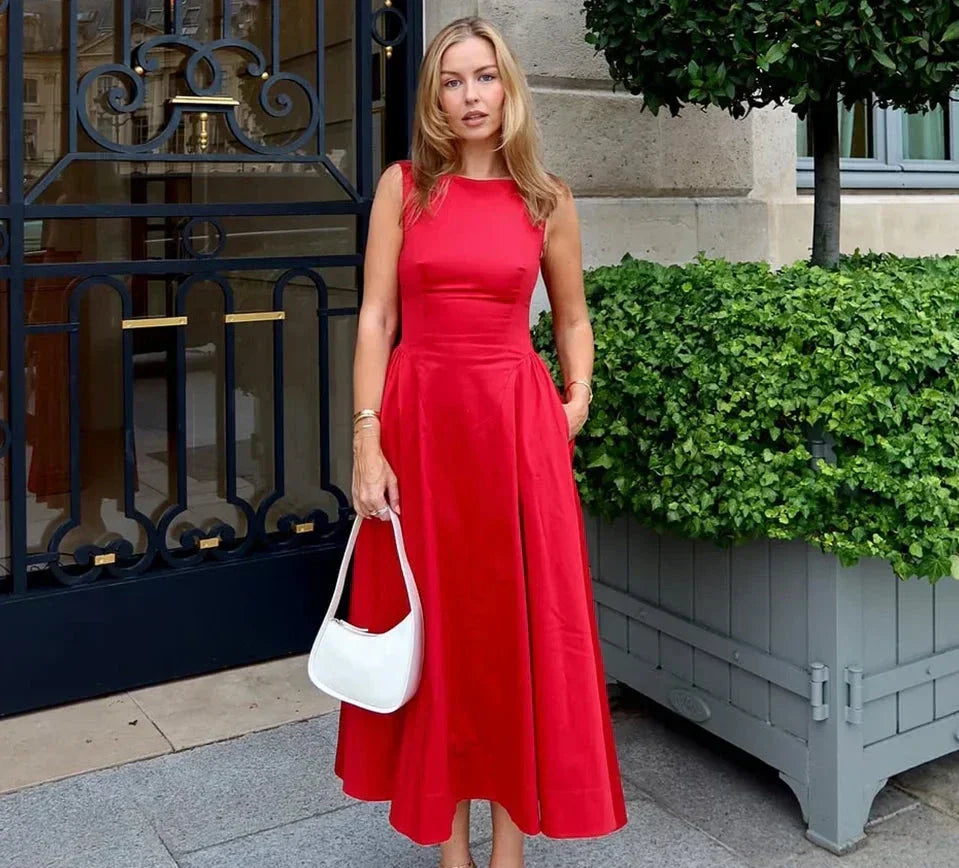 Crew Neck Sleeveless Pocket A-Line Pleated Midi Dress