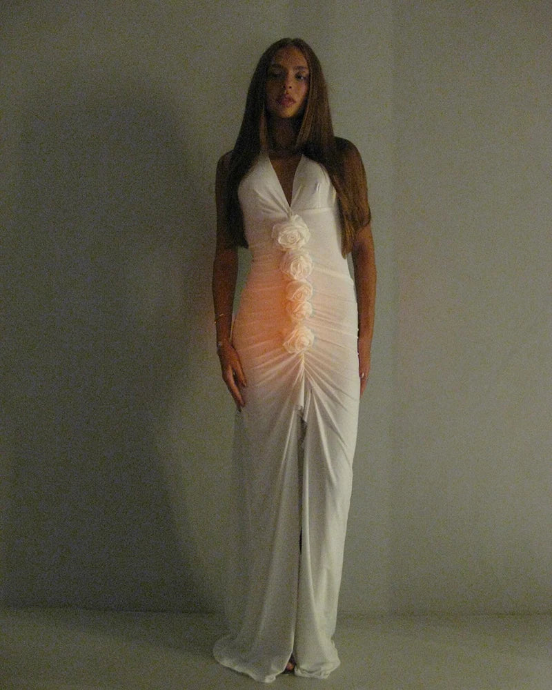 Halter Deep V Rosette Ruched Ruffle Slit Maxi Gown 4