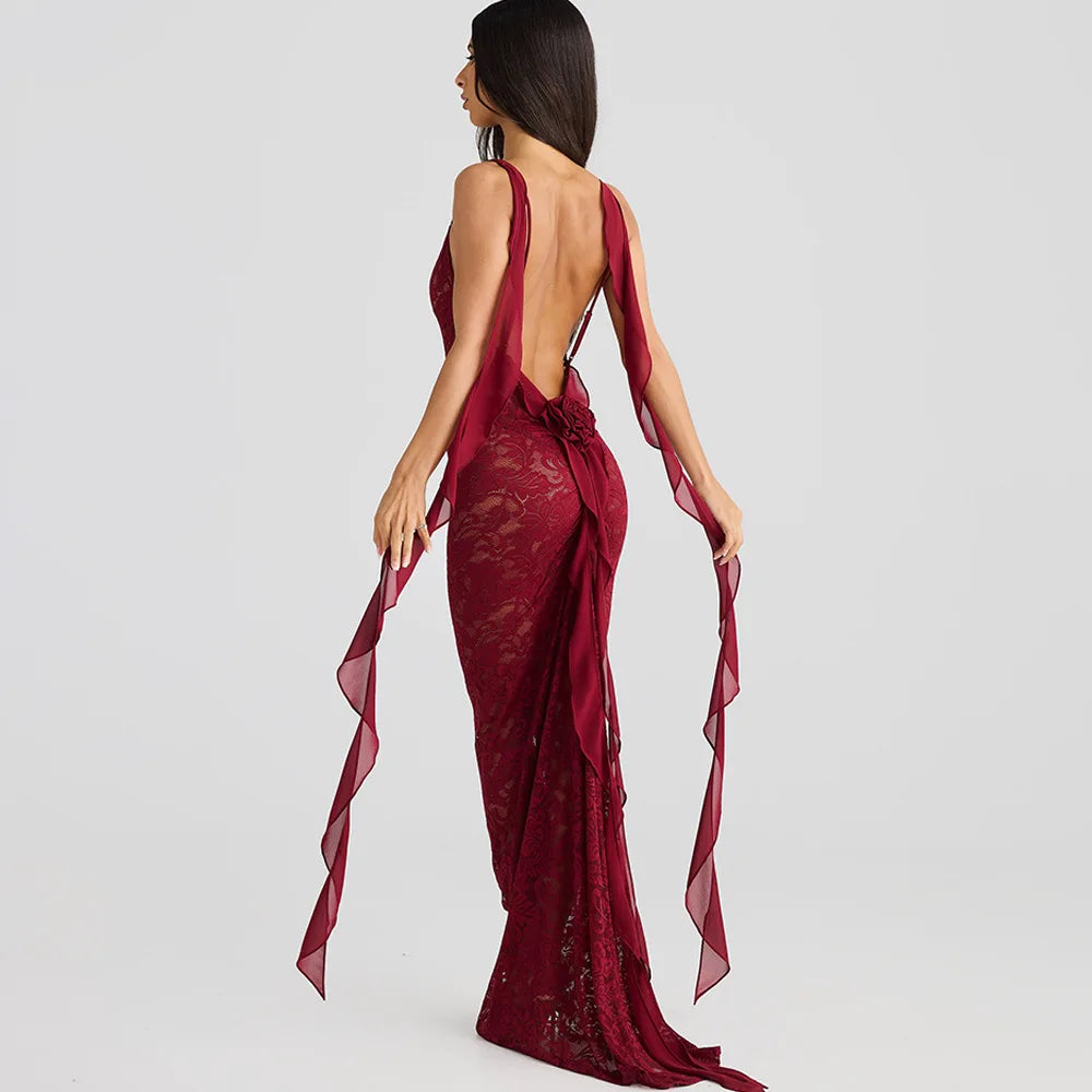 Lace Backless Spaghetti Strap Trailing Ribbon Ruffle Maxi Dress 9