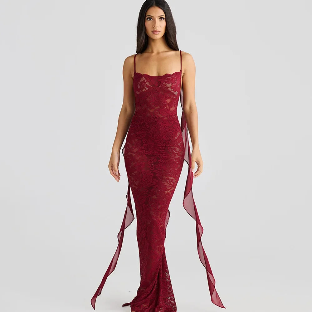 Lace Backless Spaghetti Strap Trailing Ribbon Ruffle Maxi Dress 6