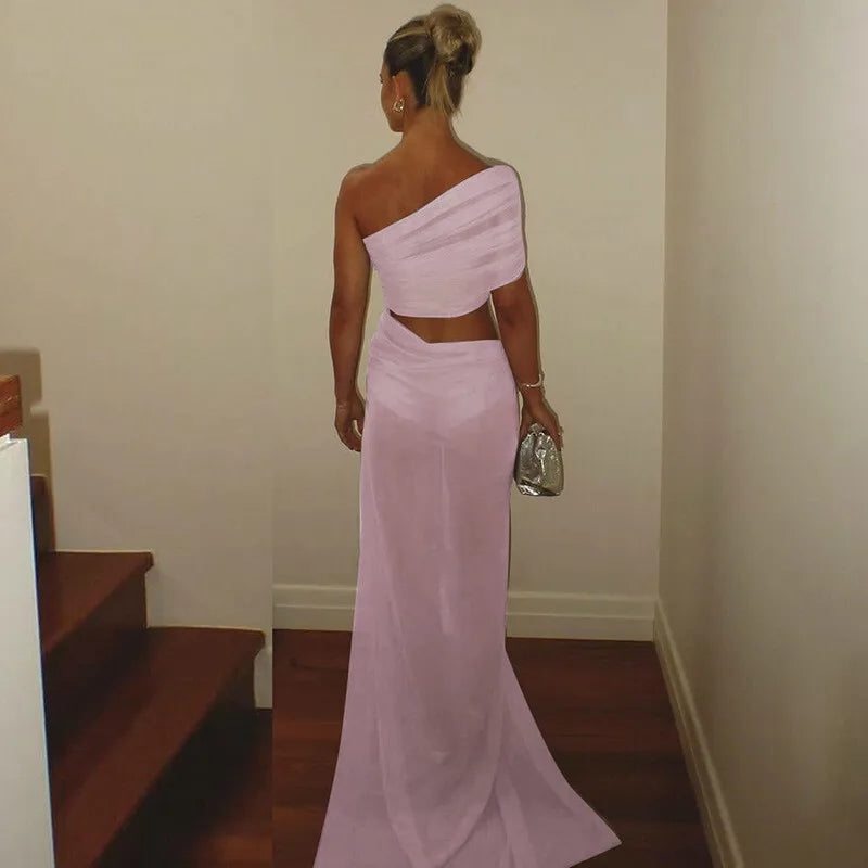 One Shoulder Mesh Draped Crop Top High Slit Maxi Skirt Set 20
