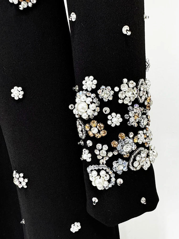 Crystal Floral Embellished Structured Shoulder Long Sleeve Column Maxi Dress 5