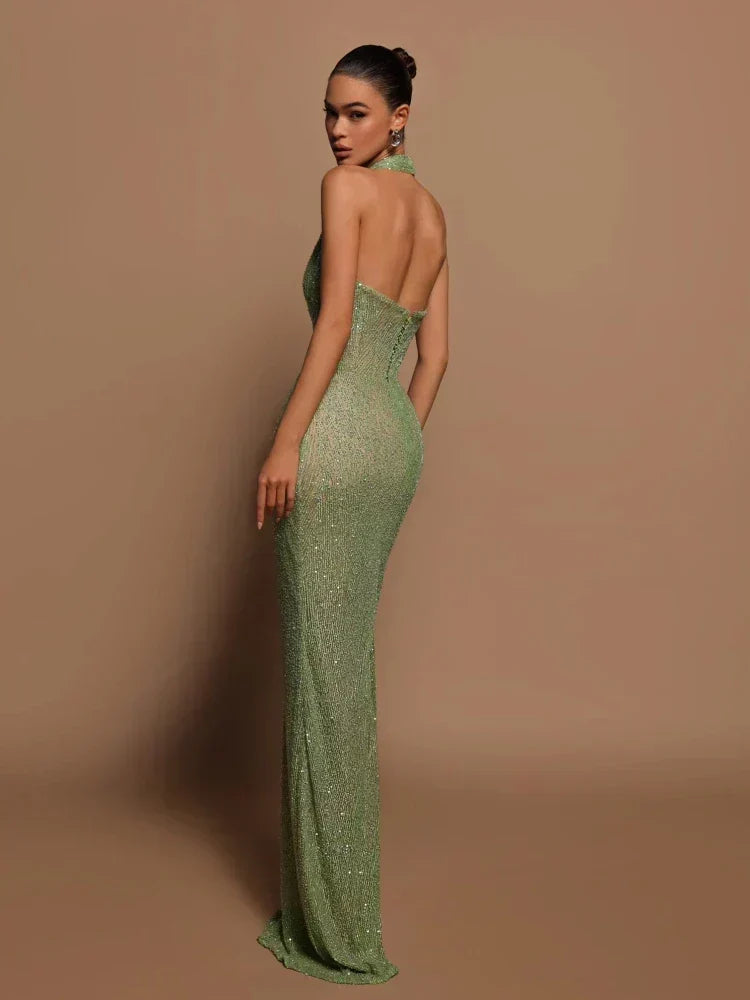 Glitter Ribbed Halter Neck Deep V-Neck Bodycon Maxi Gown 3