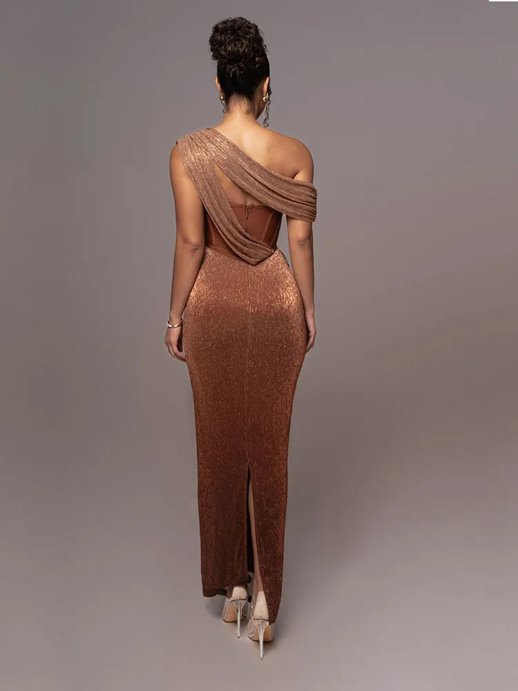 One Shoulder Draped Glitter Corset Maxi Gown 8