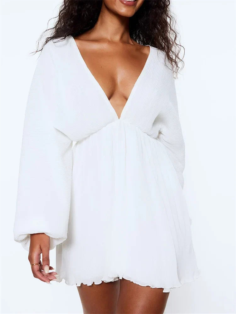 Plissé Deep V-Neck Bell Sleeve Empire Waist Mini Dress 5