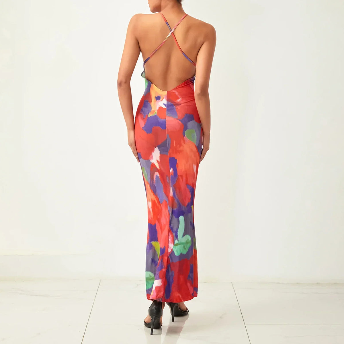 Lace Halter Neck Abstract Floral Print Bodycon Maxi Dress 2