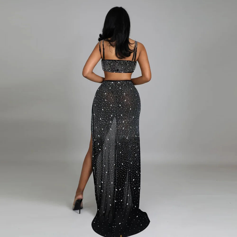 Rhinestone Mesh Spaghetti Strap Waist Cutout High Slit Maxi Dress 5