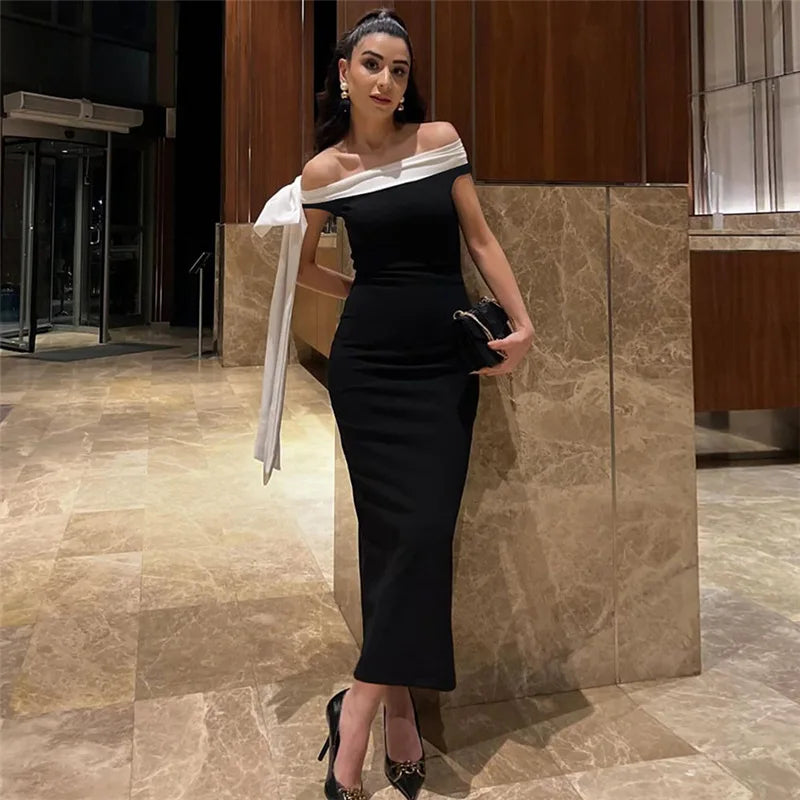 Off Shoulder Contrast Bow Shoulder Ribbon Bodycon Maxi Dress 16