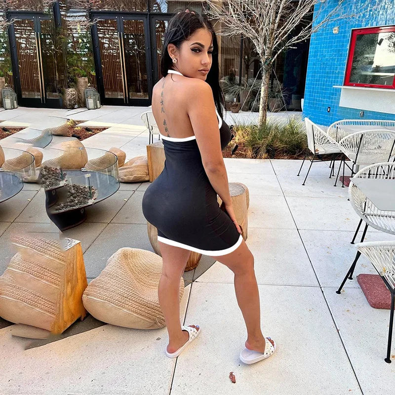 Deep V Halter Neck Contrast Trim Binding Bodycon Mini Dress 5