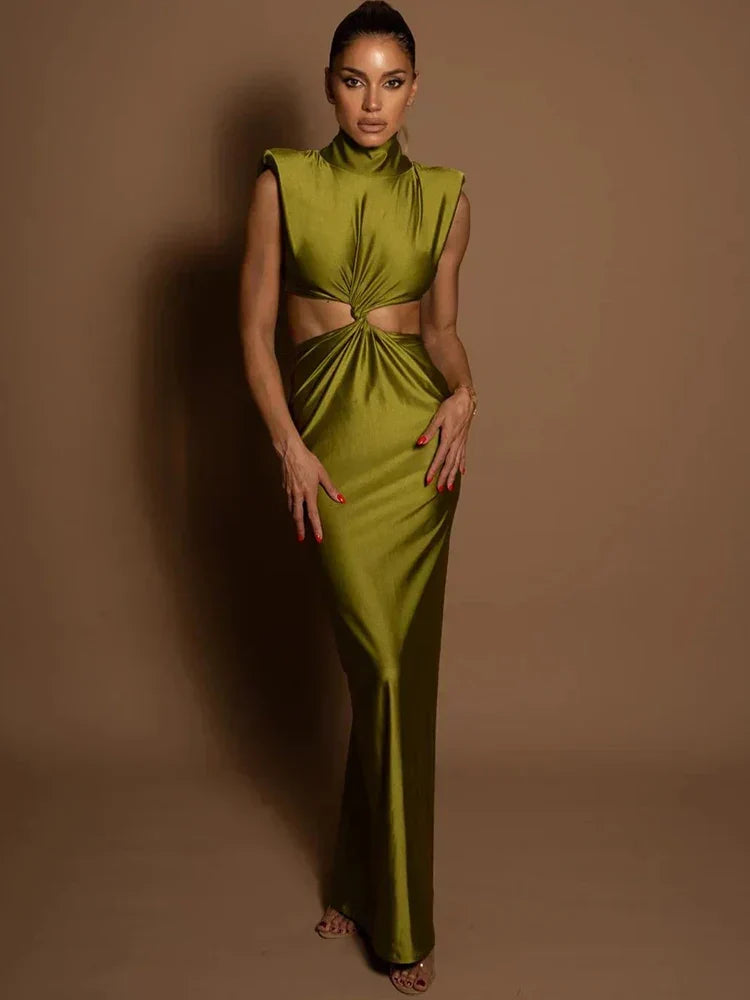 Mock Neck Structured Shoulder Waist Cutout Satin Maxi Gown