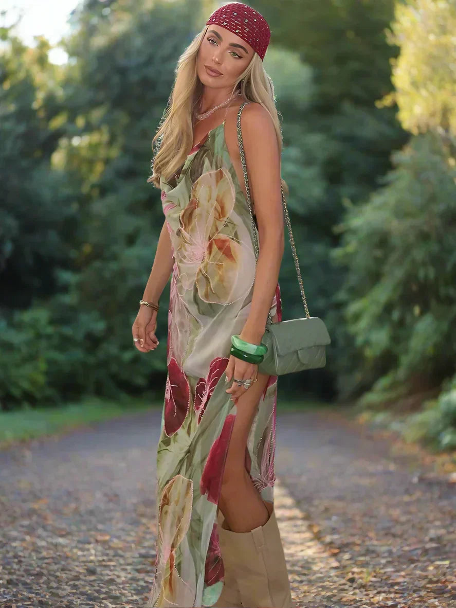 Floral Print Cowl Neck Halter Spaghetti Strap Maxi Dress 13