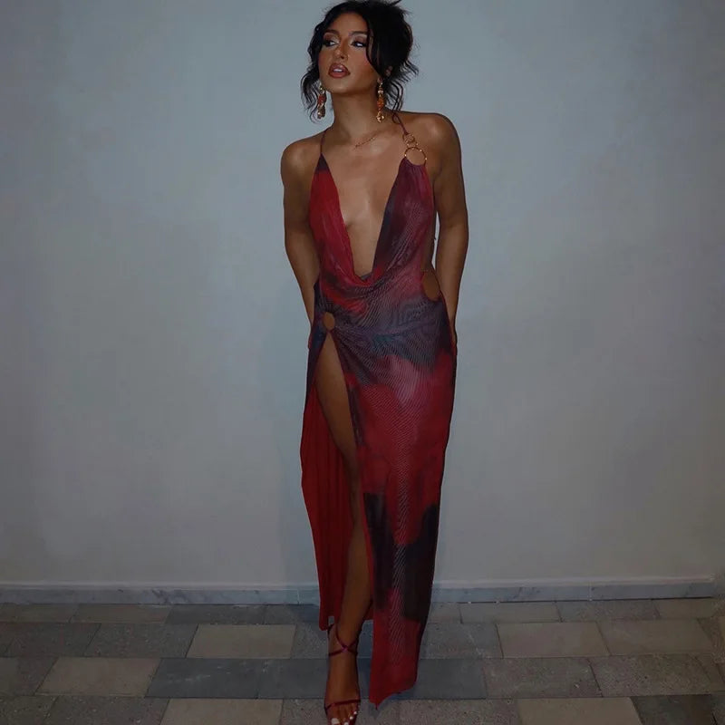 Plunging Halter Ring Detail Side Cutout High Slit Maxi Dress 7