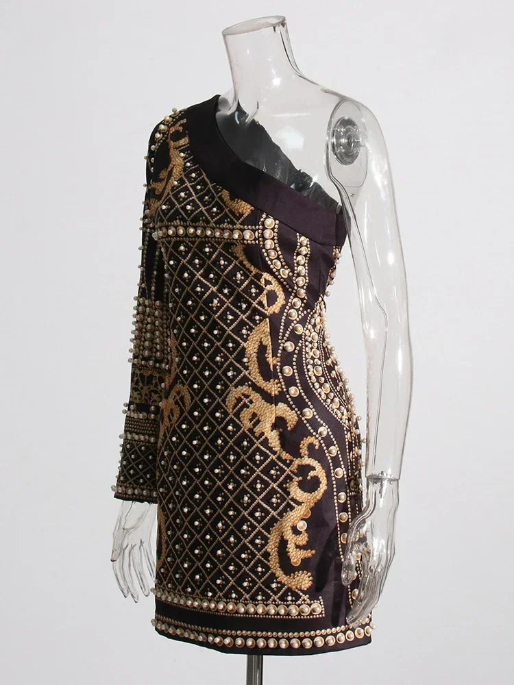 One Shoulder Pearl Beaded Baroque Lattice Embellished Mini Dress 5