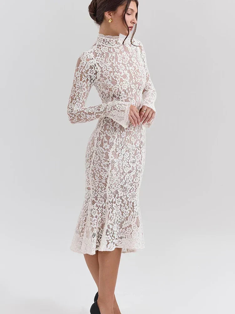 Floral Lace Mock Neck Long Sleeve Trumpet Hem Midi Dress 4