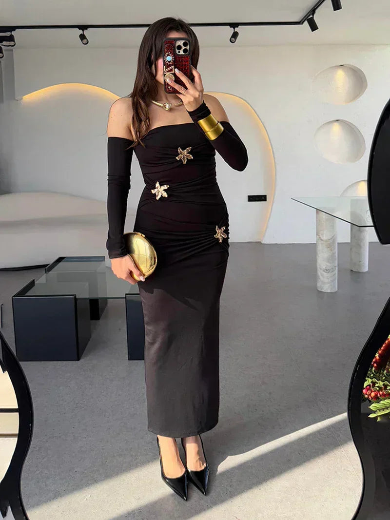Off Shoulder Buckle Ruched Drape Long Sleeve Maxi Dress 12