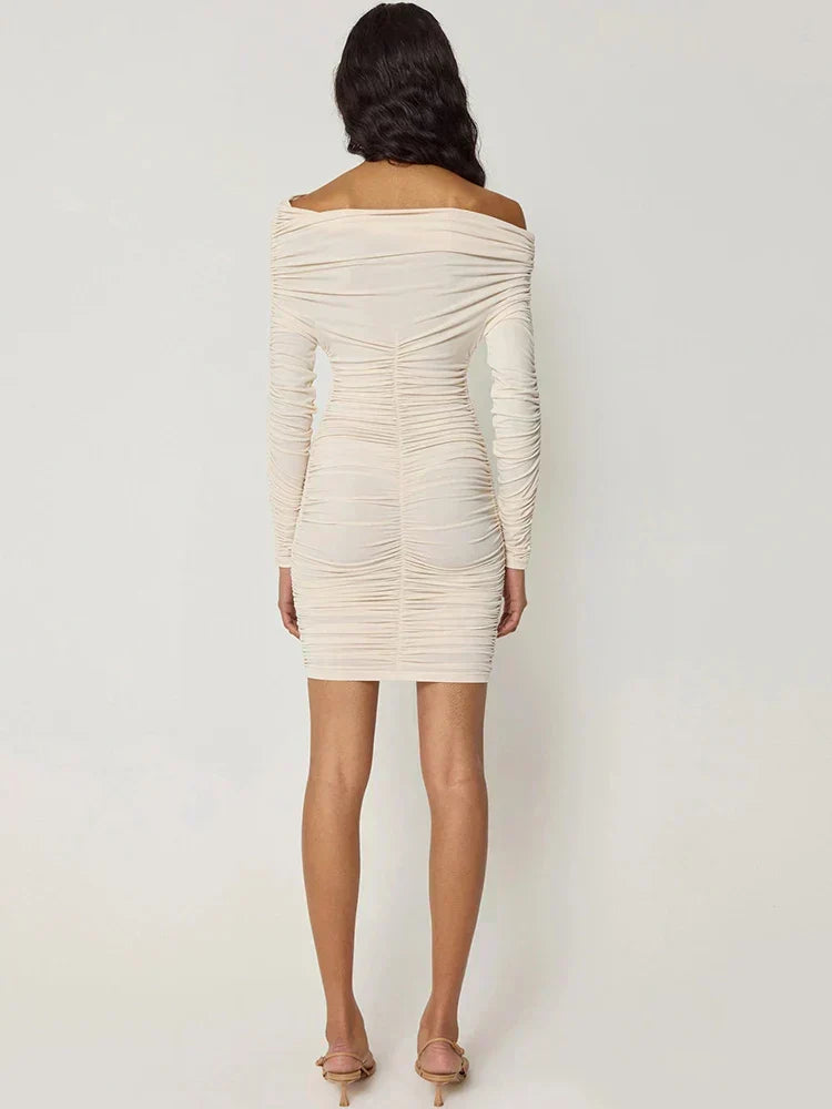Asymmetric Neck Ruched Gathered Long Sleeve Bodycon Mini Dress 4