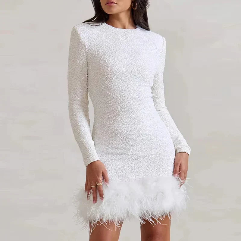 Sequin Round Neck Long Sleeve Feather Trim Bodycon Mini Dress 11
