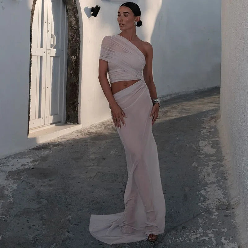 One Shoulder Mesh Draped Crop Top High Slit Maxi Skirt Set 14