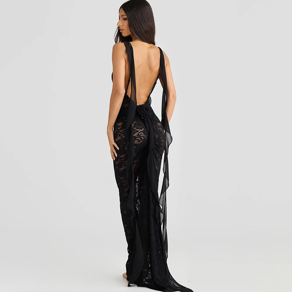 Lace Backless Spaghetti Strap Trailing Ribbon Ruffle Maxi Dress 13