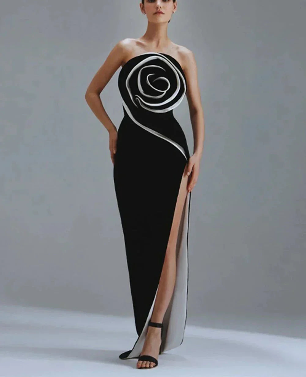 Strapless Sculptural 3D Contrast Lining High Slit Maxi Gown
