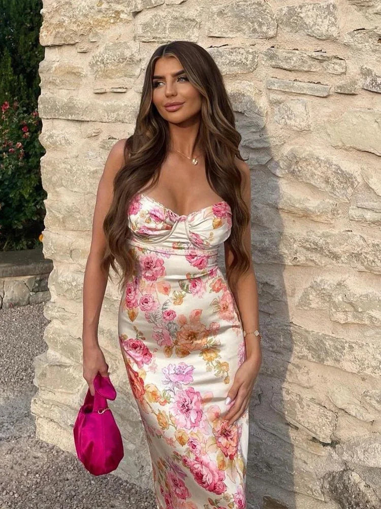Satin Bustier Spaghetti Strap Large Floral Print Maxi Dress 2