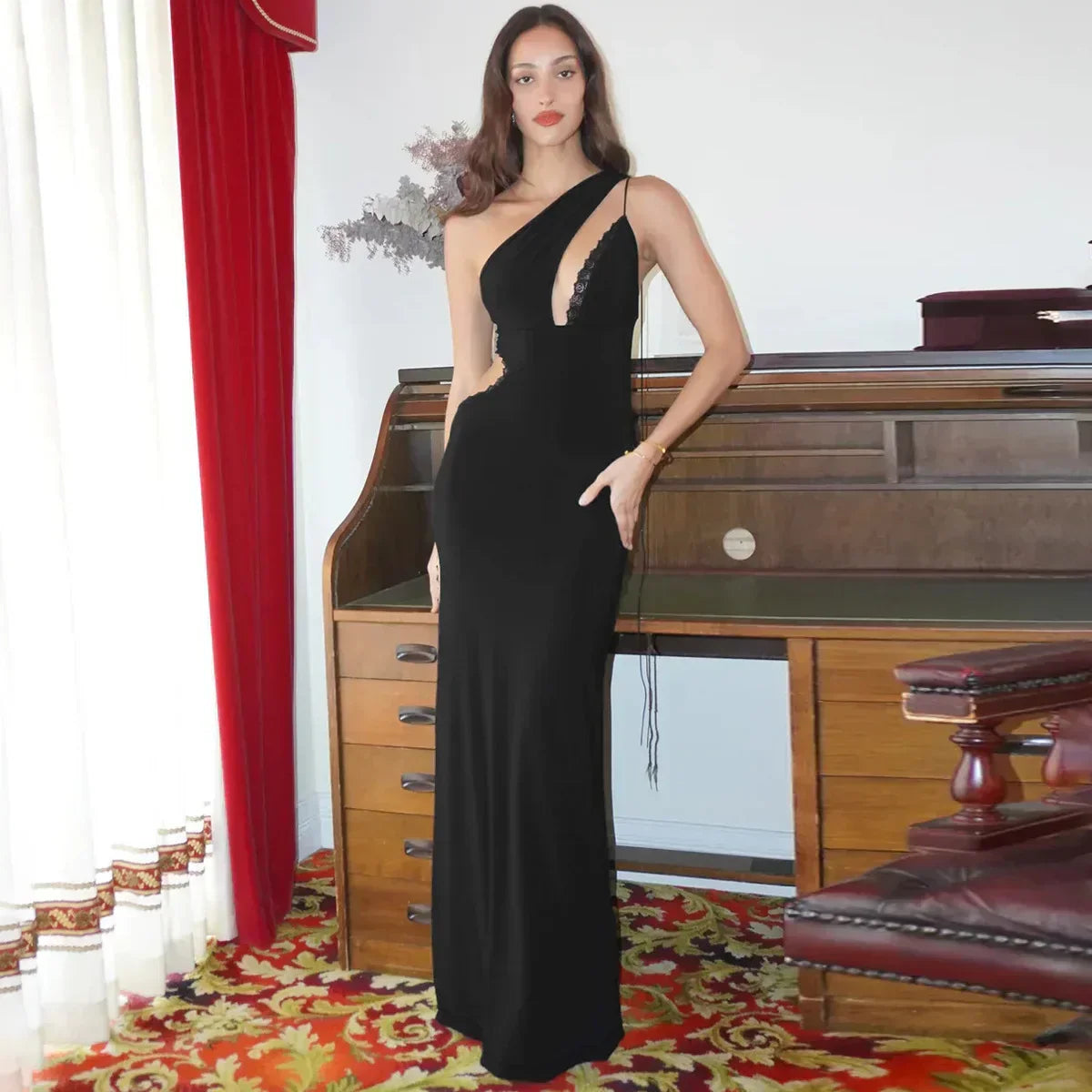 One-Shoulder Teardrop Cutout Waist Cutout High Slit Bodycon Maxi Dress 2