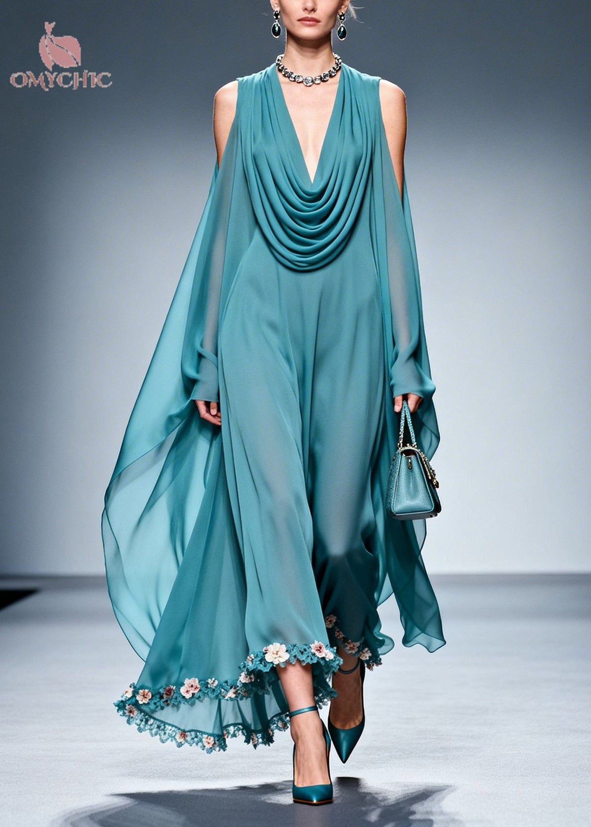 Cowl Neck Cold Shoulder Cape Sleeve Floral Appliqué Wide-Leg Jumpsuit 3