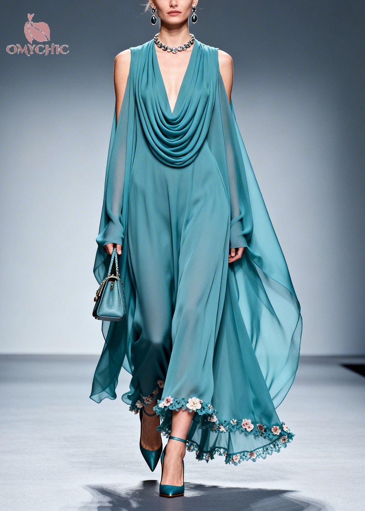 Cowl Neck Cold Shoulder Cape Sleeve Floral Appliqué Wide-Leg Jumpsuit 5