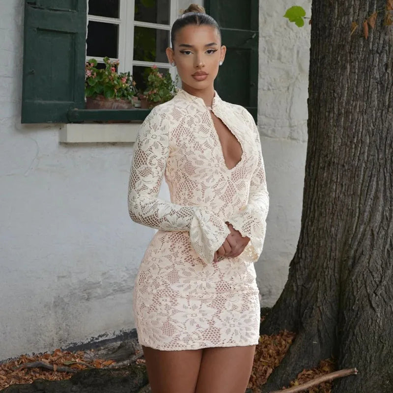 Mock Neck Keyhole Cutout Floral Lace Bell Sleeve Bodycon Mini Dress 3