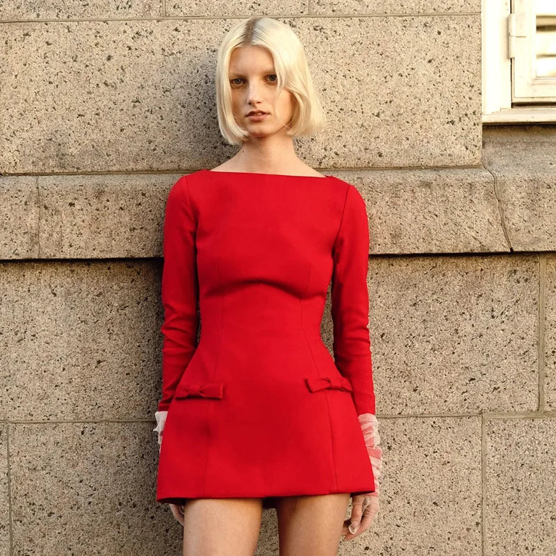 Boat Neck Long Sleeve Bow Hip Mini Dress