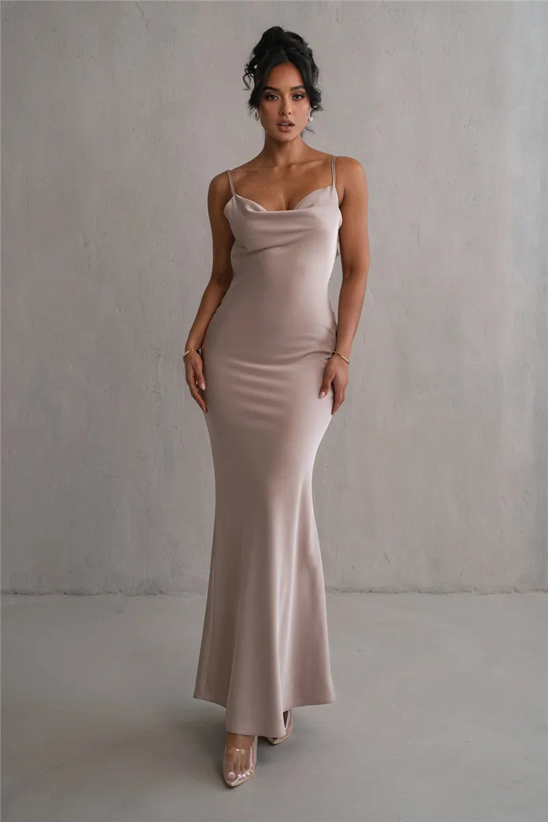 Spaghetti Strap Floral Applique Cowl Back Satin Maxi Dress 14