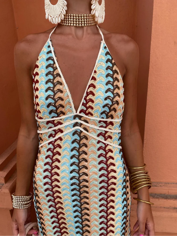 Halter Deep V Crochet Wave Pattern Column Maxi Dress 5