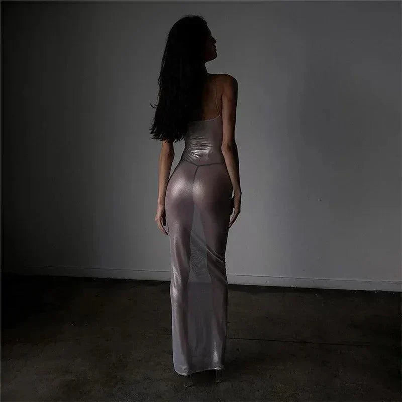 Sheer Metallic Mesh Long Sleeve High Neck Maxi Dress 5