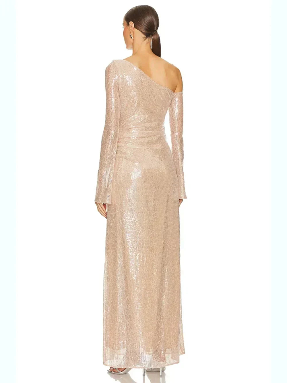 Sequin One-Shoulder Rosette Applique Long Sleeve Column Maxi Gown 3