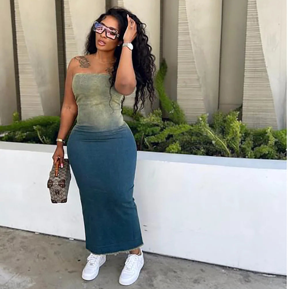 Strapless Gradient Wash Denim Corset Bodice Denim Column Slit Maxi Dress 3