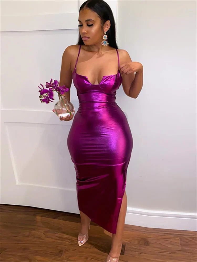 Metallic Foil Spaghetti Strap Plunge V-Neck Bodycon Maxi Dress 2