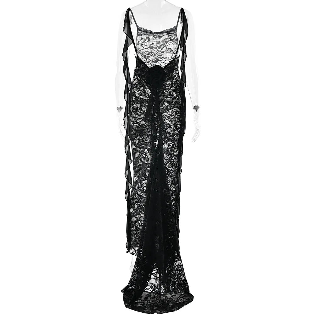 Lace Backless Spaghetti Strap Trailing Ribbon Ruffle Maxi Dress 17