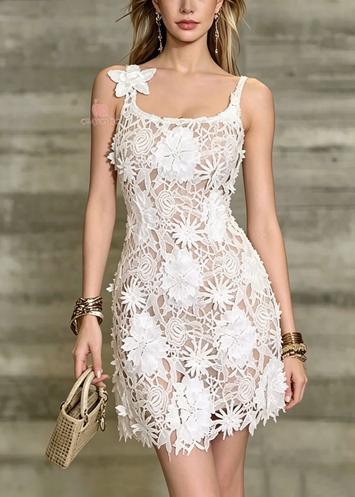 Floral Applique Guipure Lace Scoop Neck Spaghetti Strap Mini Dress 5