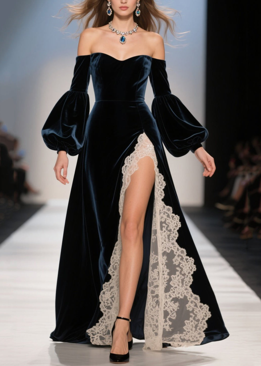 Off-Shoulder Sweetheart Neck Puff Sleeve Velvet Lace Slit Gown