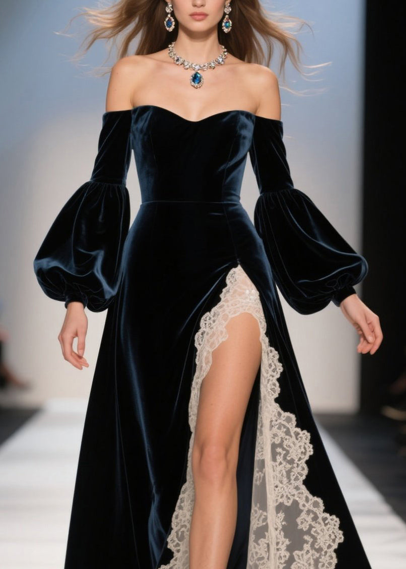 Off-Shoulder Sweetheart Neck Puff Sleeve Velvet Lace Slit Gown 2