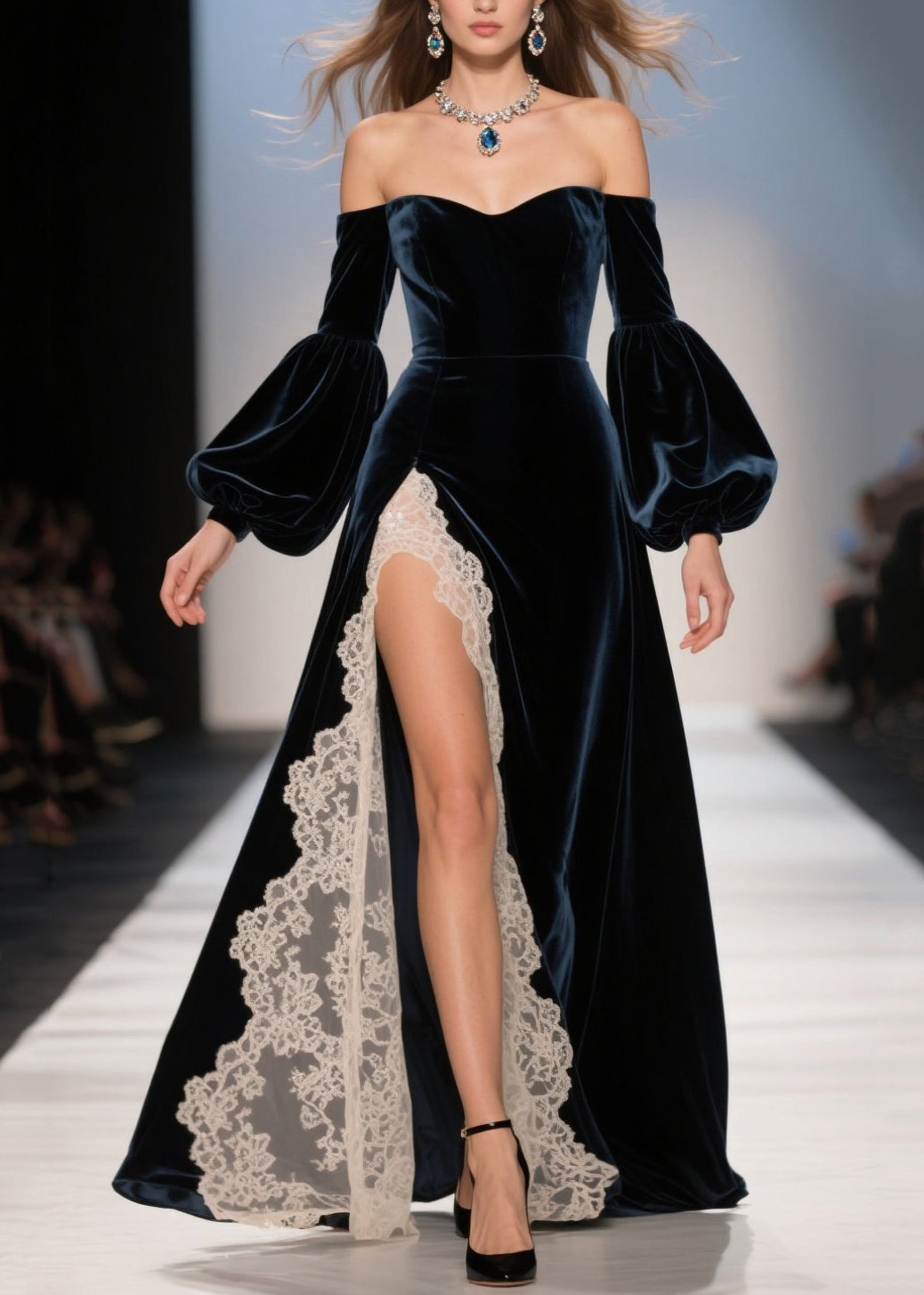 Off-Shoulder Sweetheart Neck Puff Sleeve Velvet Lace Slit Gown 3