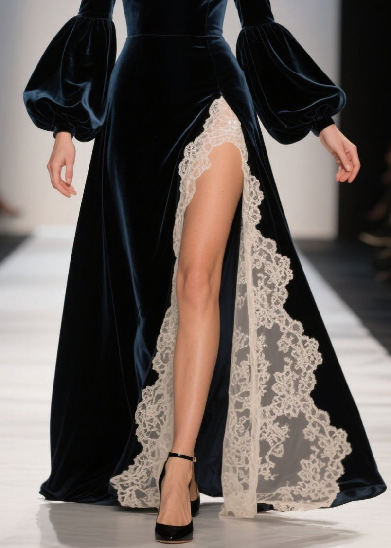 Off-Shoulder Sweetheart Neck Puff Sleeve Velvet Lace Slit Gown 4