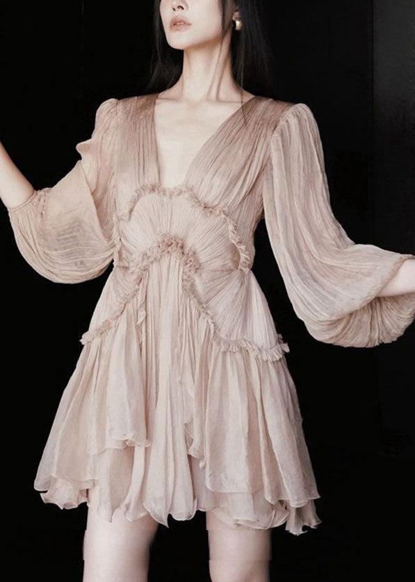 Deep V-Neck Sunburst Pleated Ruffle Trim Balloon Sleeve Layered Mini Dress 3