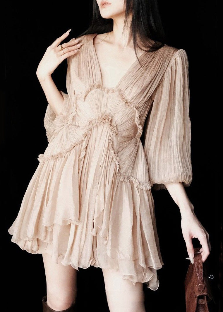Deep V-Neck Sunburst Pleated Ruffle Trim Balloon Sleeve Layered Mini Dress 4