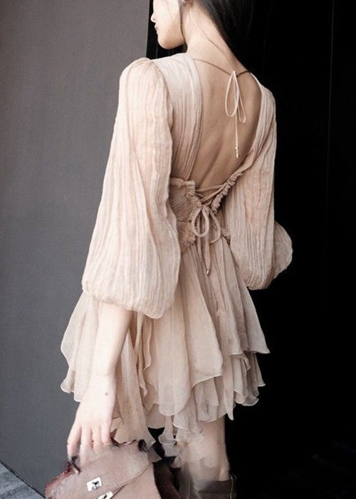 Deep V-Neck Sunburst Pleated Ruffle Trim Balloon Sleeve Layered Mini Dress 5