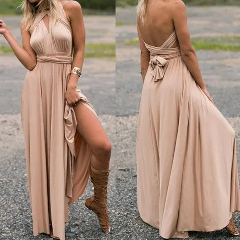Deep V-Neck Wrap Convertible Braid Back Band Maxi Dress 2