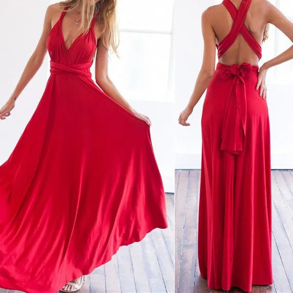 Deep V-Neck Wrap Convertible Braid Back Band Maxi Dress 4